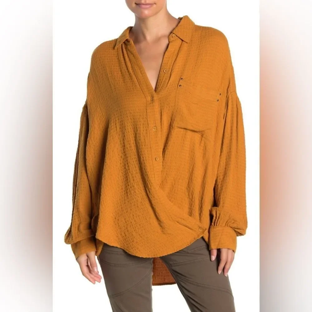 We The Free FREE PEOPLE HIDDEN VALLEY BLOUSON SOLID SHIRT Mustard Sz L